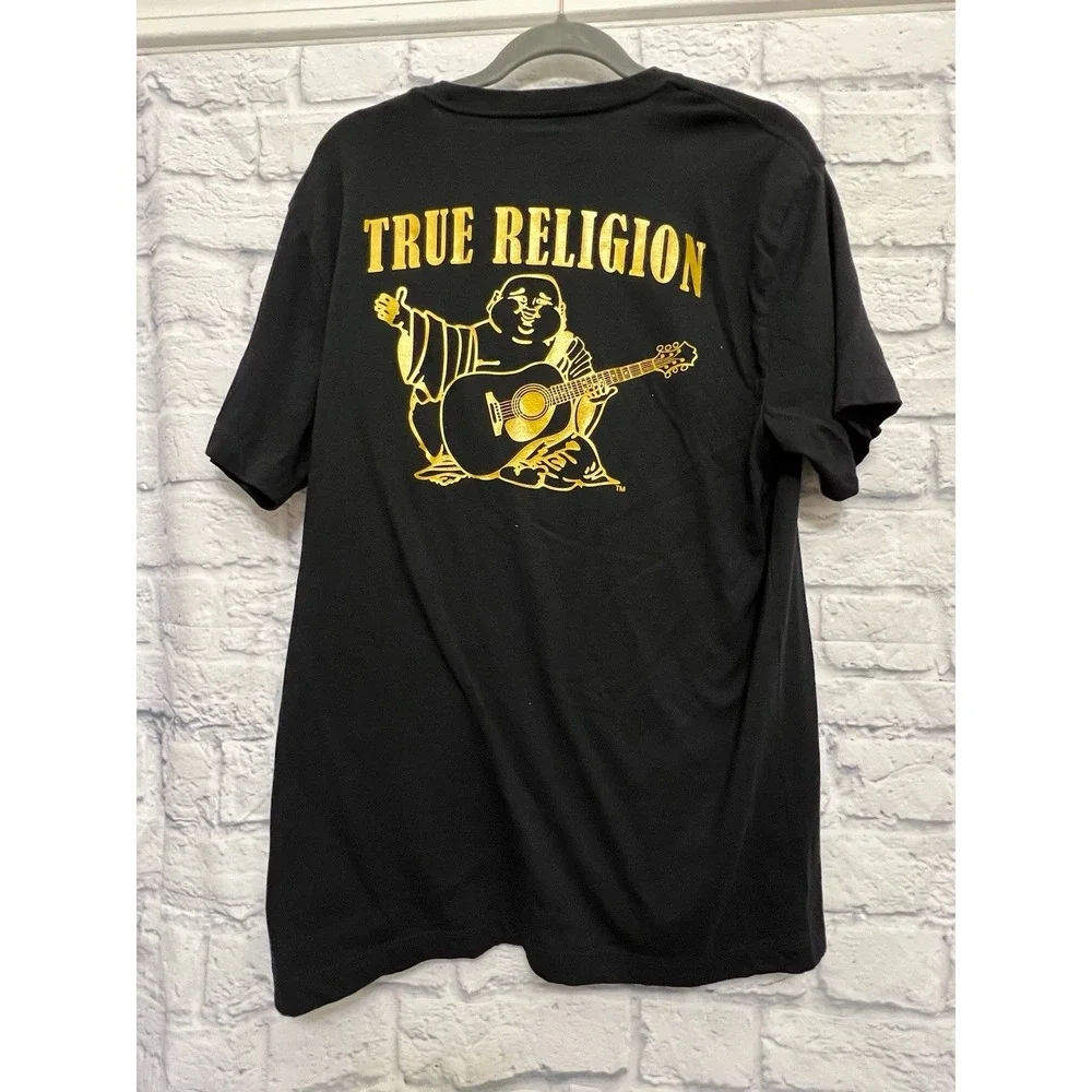 True Religion Men's T-Shirt Black w/ Gold Foil Halo Logo Size L